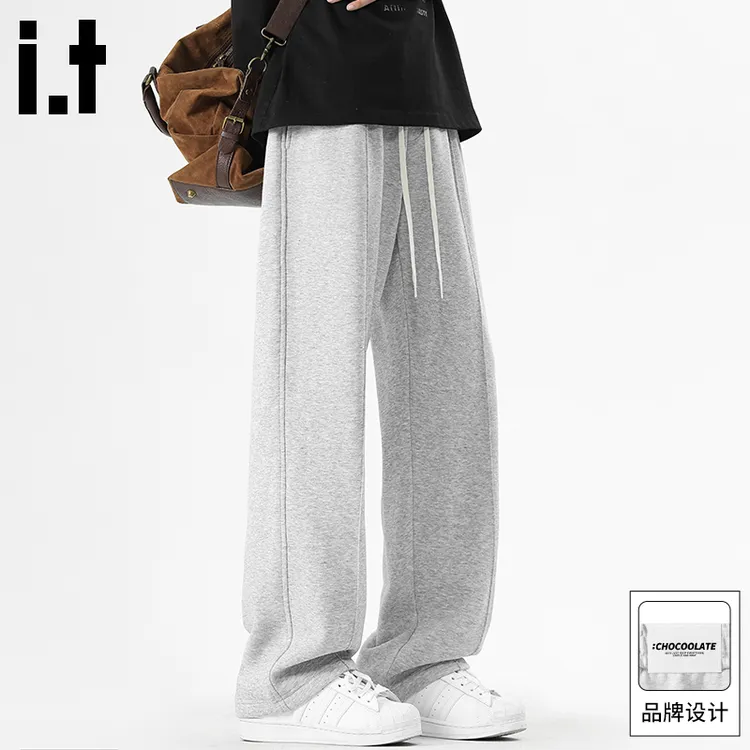 it: CHOCOOLATE灰色休闲裤男春秋新款直筒宽松纯色百搭阔腿长裤子