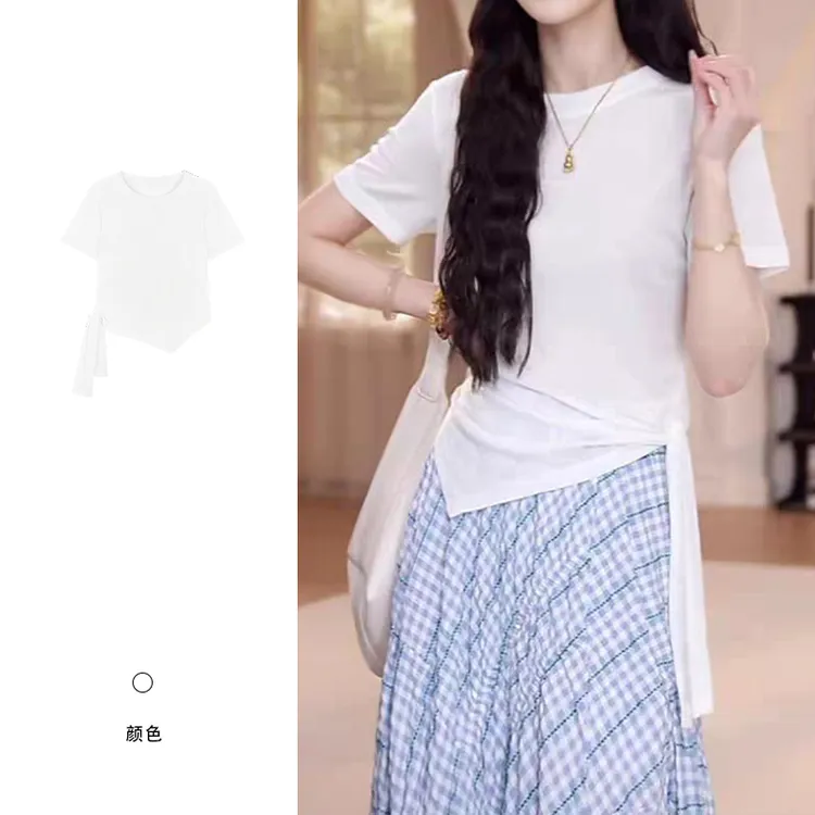 现货【圆领设计感系带短袖T恤女纯色百搭上衣 YD001】