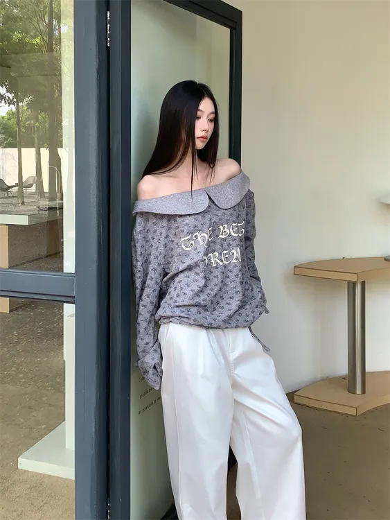 美式复古灰色一字肩长袖卫衣女2025新款春秋宽松显瘦露肩上衣外套
