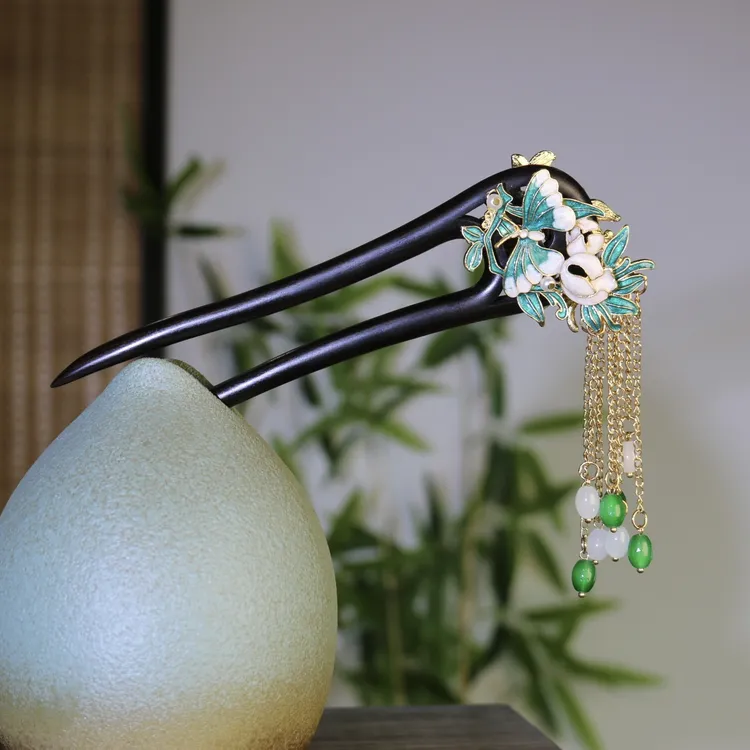 双面发簪黑檀木双簪15cm【婉君】高级感u型流苏盘发钗中式步摇簪子