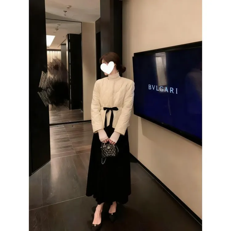 法式高级时尚感两件套2025冬季系带保暖棉衣半身裙收腰显气质套装