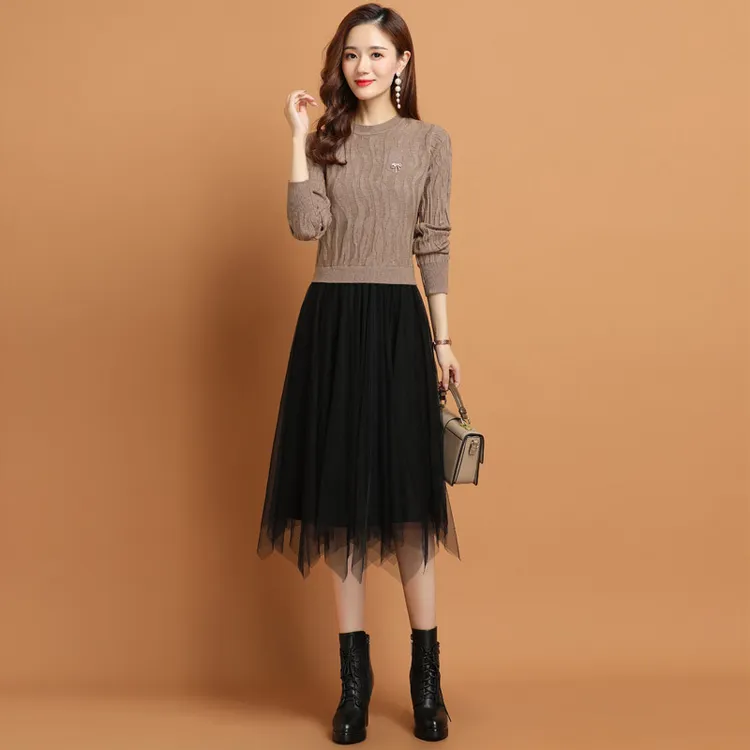 2025秋冬新款配大衣内搭针织长袖打底毛衣冬季长裙子过膝连衣裙女