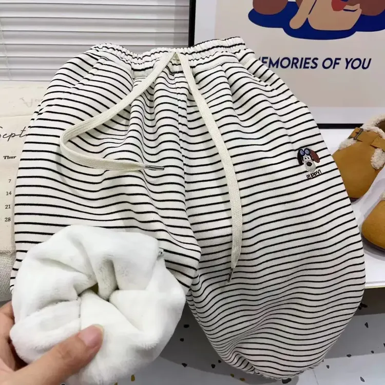 儿童秋冬条纹裤男女童新款加绒加厚运动束脚裤宝宝韩版卡通休闲裤