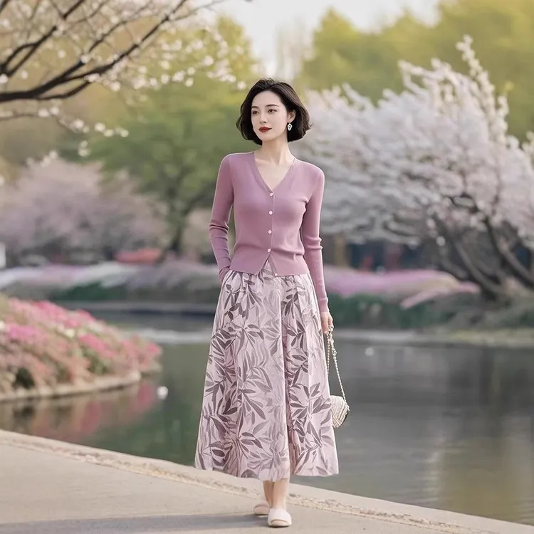 【套装】早春款轻熟纯色单排扣针织衫印花半身裙套装女99382+Q214