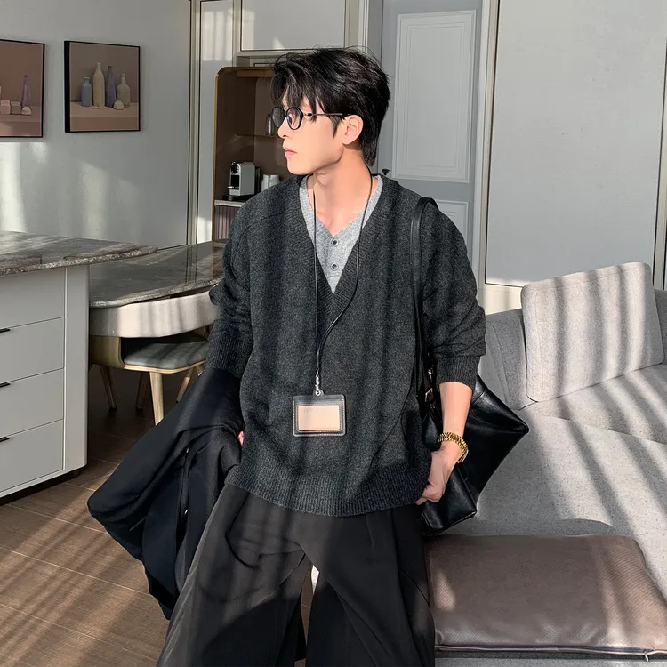一轩轩轩【暗夜花絮】秋季超好看慵懒风男士假两件针织衫毛衣68930