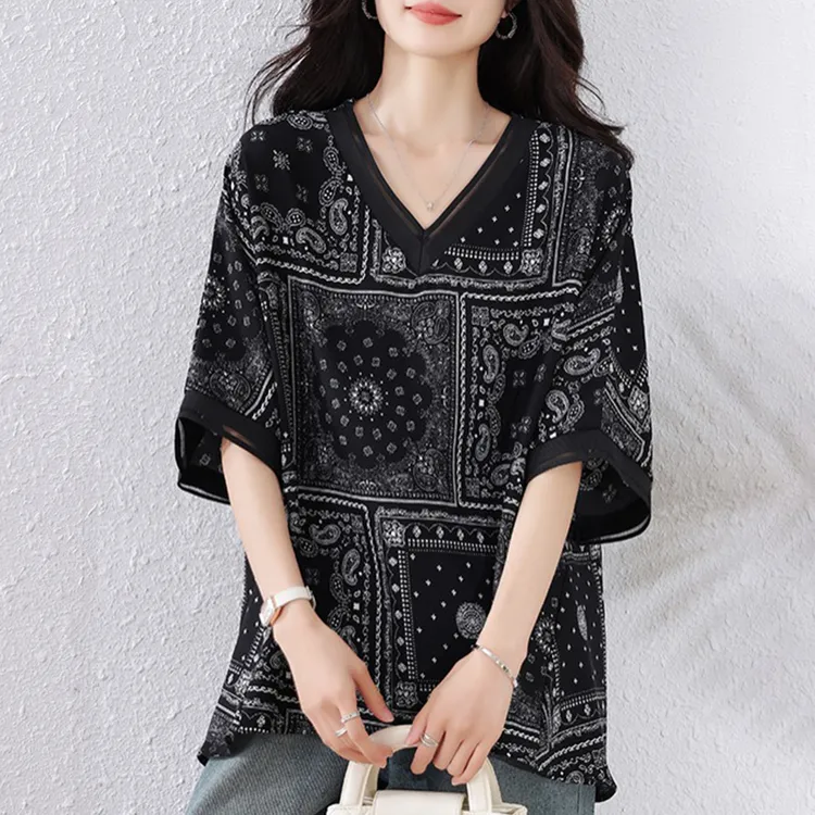 高端欧货V领印花短袖T恤女装2025夏季新款胖MM宽松遮肚子小衫上衣