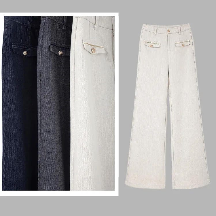 【9636老钱风】高奢羊毛高腰A版飒版显瘦阔腿裤宽松百搭白色秋冬