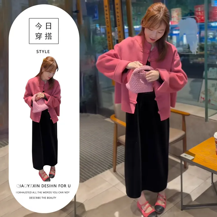 网红炸街套装女春秋新款中国风气质盘扣外套+高腰时髦丝绒半身裙