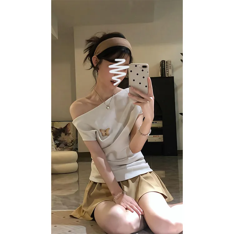 2025新款女士夏小众设计感不规则露肩短袖T恤上衣高腰显瘦半身裙