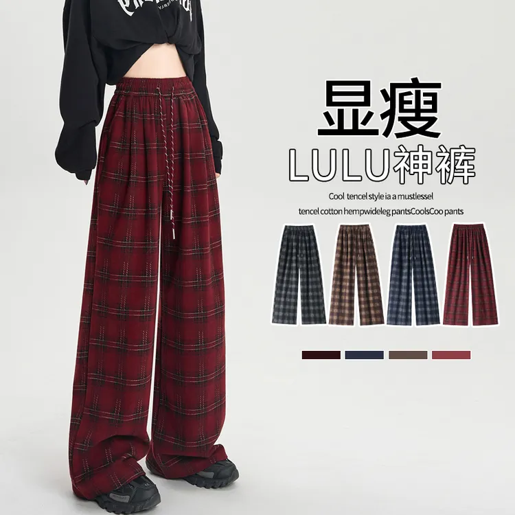 实拍加绒毛呢格子裤女2025秋冬复古直筒休闲裤宽松百搭显瘦阔腿裤