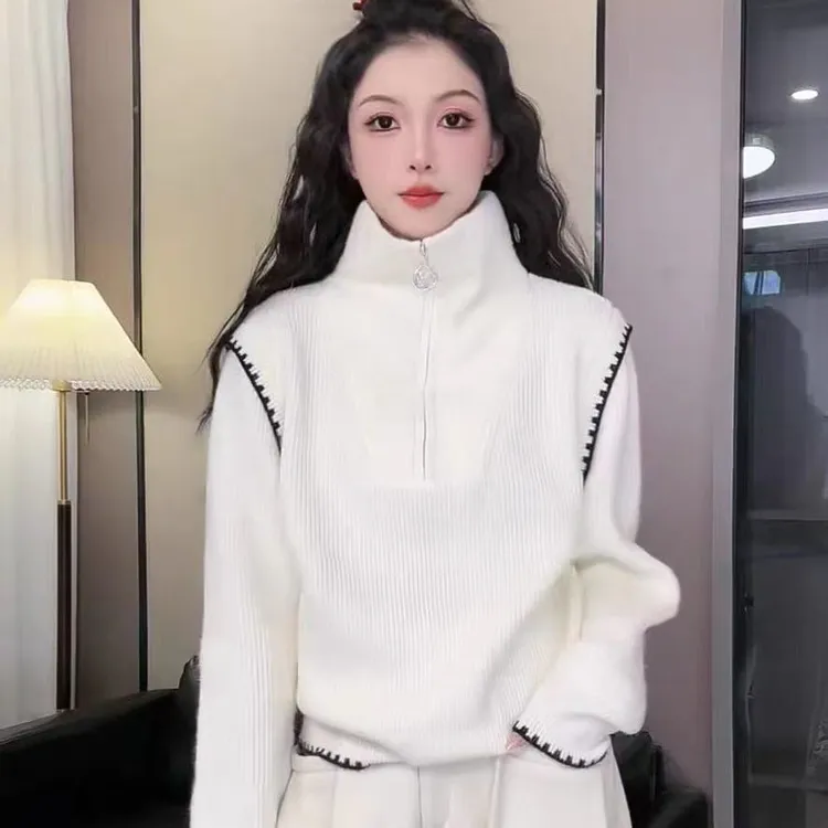 灰色半拉链毛衣女2025春秋新款Polo领宽松慵懒风针织衫翻领短上衣