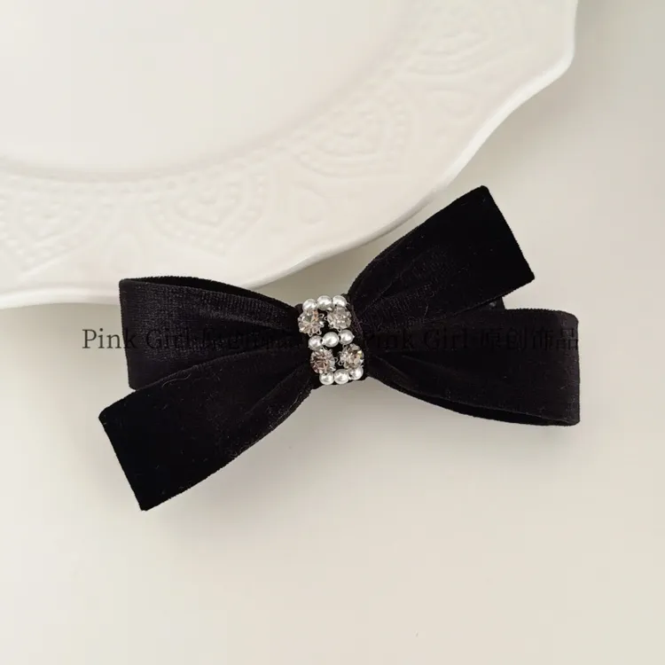 Pink Girl  T398气质简约黑色丝绒蝴蝶结弹簧夹8cm百搭通勤发夹女
