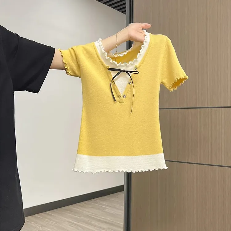 淡黄色蝴蝶结针织衫2025夏季新款女修身圆领木耳边假两件拼色上衣