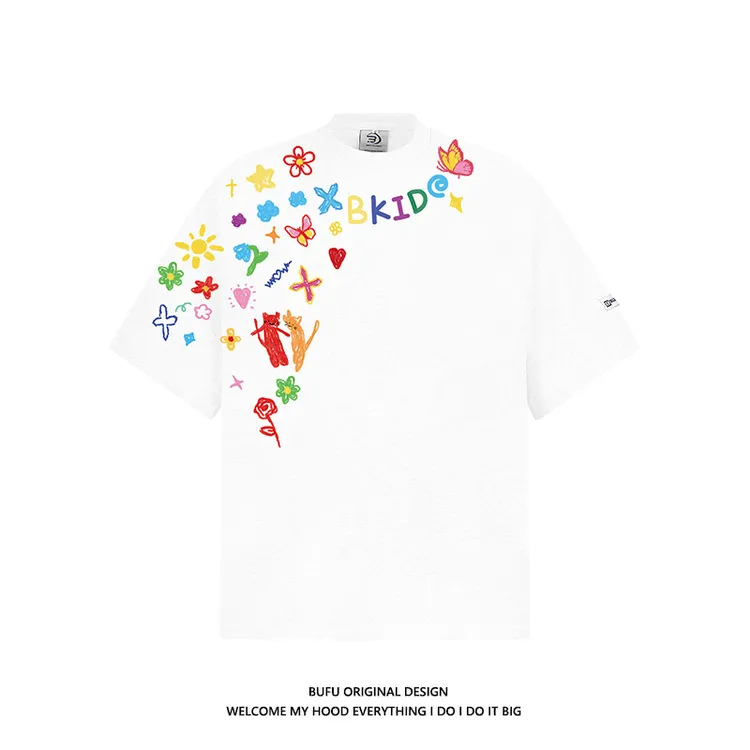 亿万少年BUFU潮牌手绘涂鸦短袖T恤男女夏季情侣款美式高街半袖tee