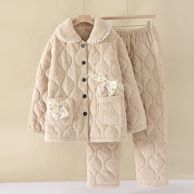 米色娃娃领加厚睡衣法兰绒夹棉加绒套装秋冬珊瑚绒家居服