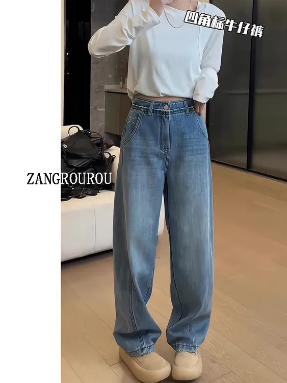 直筒牛仔裤女加厚2025年新款窄版阔腿裤胖mm显瘦宽松弯刀裤子大码