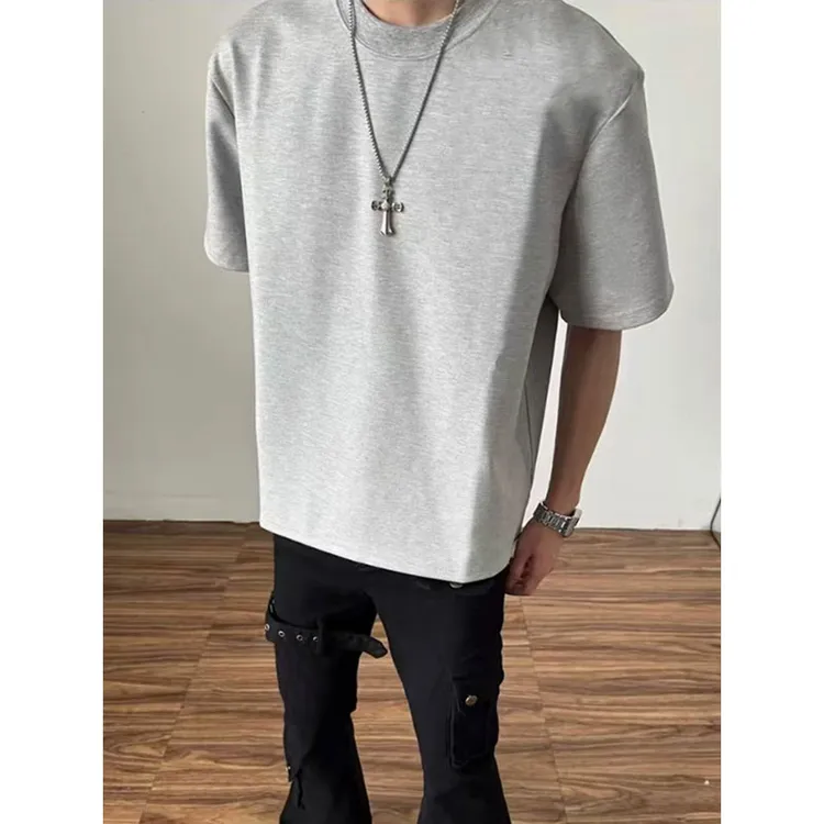 灰色纯棉基础款短袖男美式高街夏季潮牌t恤cleanfit短宽五分体恤