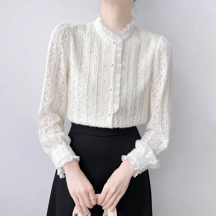 Q694木耳边立领加绒衬衫女秋冬洋气内搭可外穿精致蕾丝打底衫上衣