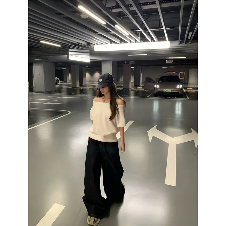 SUMBUR夏季新款韩版穿搭休闲慵懒风短袖性感露肩时尚设计显瘦上衣