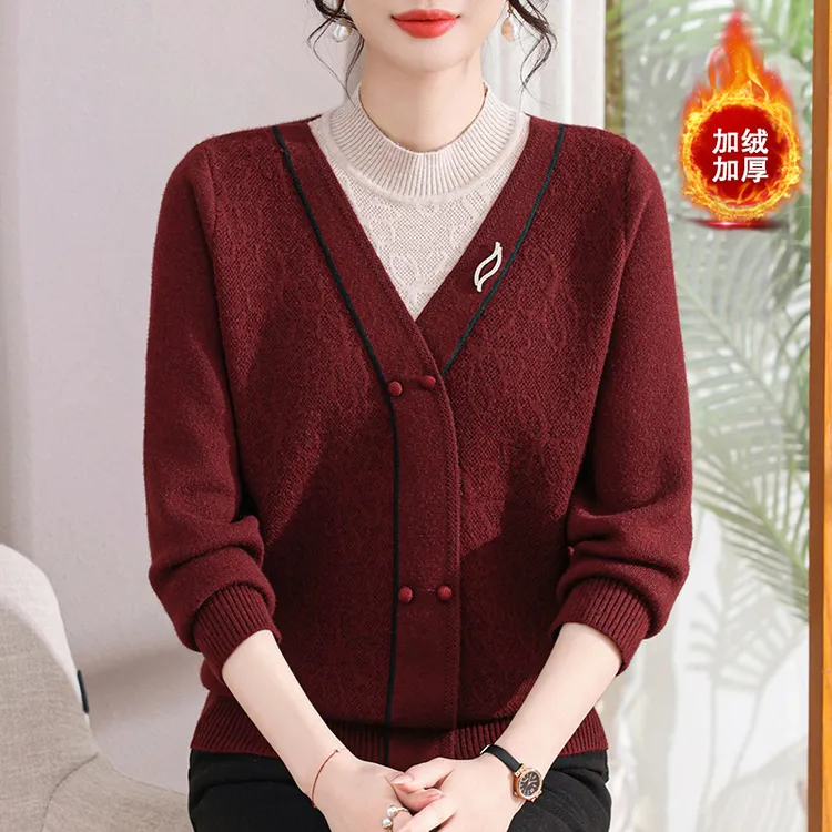 洋气妈妈秋冬装假两件针织毛衣中老年女装加绒加厚保暖内搭上衣