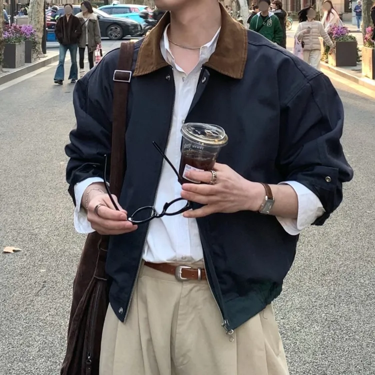 SSUMENAM「老钱风 撞色领」短款夹克男秋冬翻领收腰底特律外套