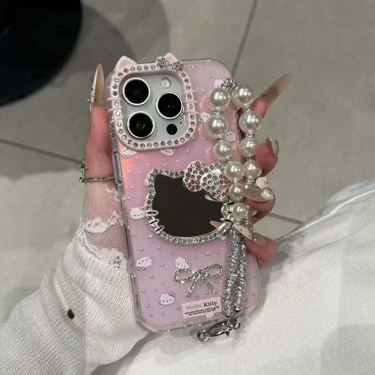 轻奢可爱 猫咪化妆镜适用于iPhone17promax手机壳苹果16闪钻15新