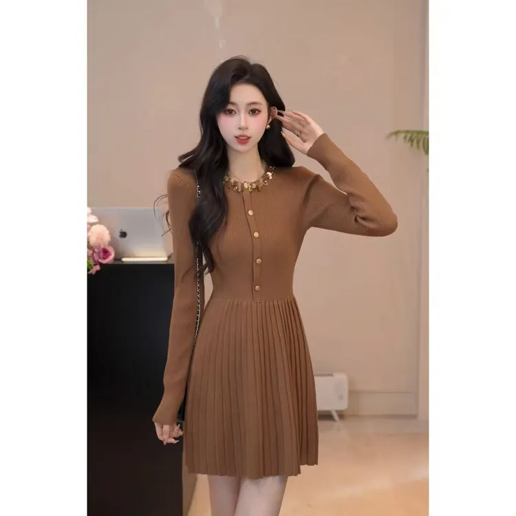 YUANLIANSU/圆脸酥【微风情书】法式气质压褶亮片圆脸连衣裙女秋冬