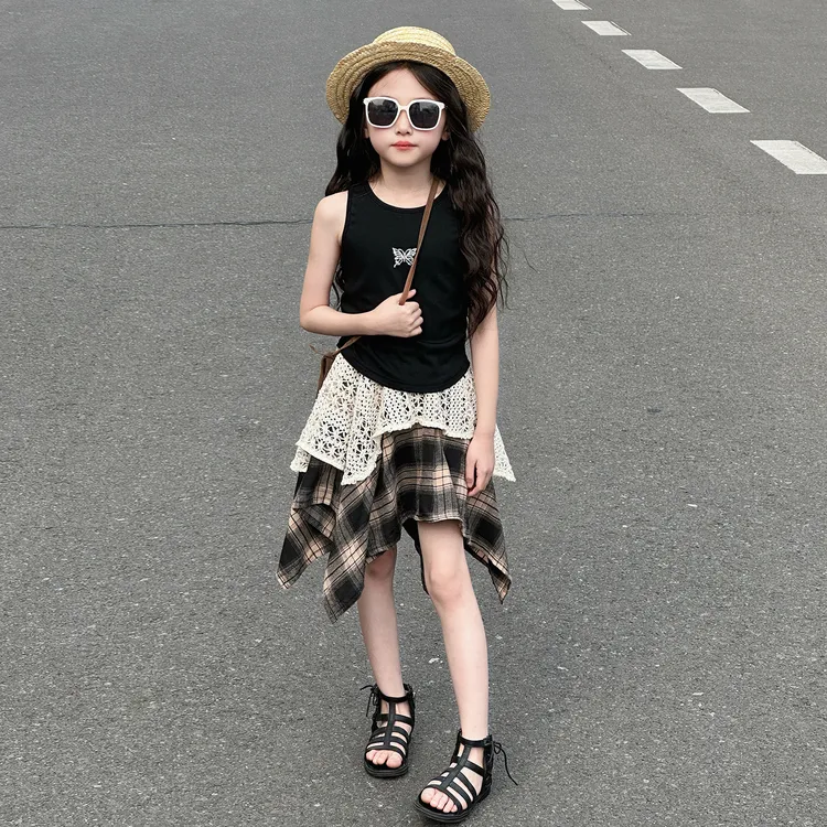 女童套装夏季2025新款女大童时髦炸街不规则半身裙儿童格子短裙潮