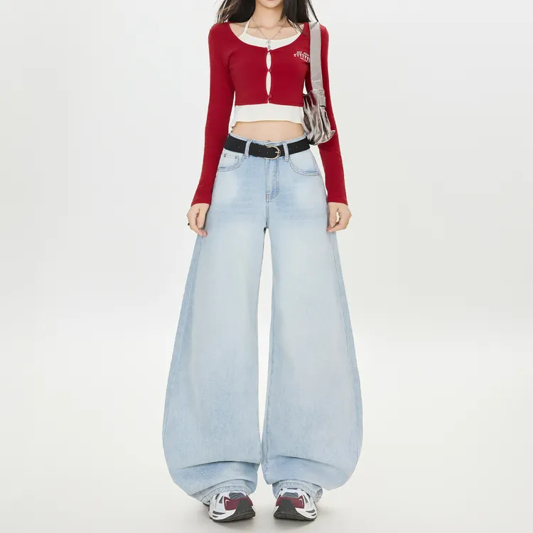 ZAVK新款美式天空蓝阔腿牛仔裤女高腰时尚宽松显瘦垂感拖地长裤子