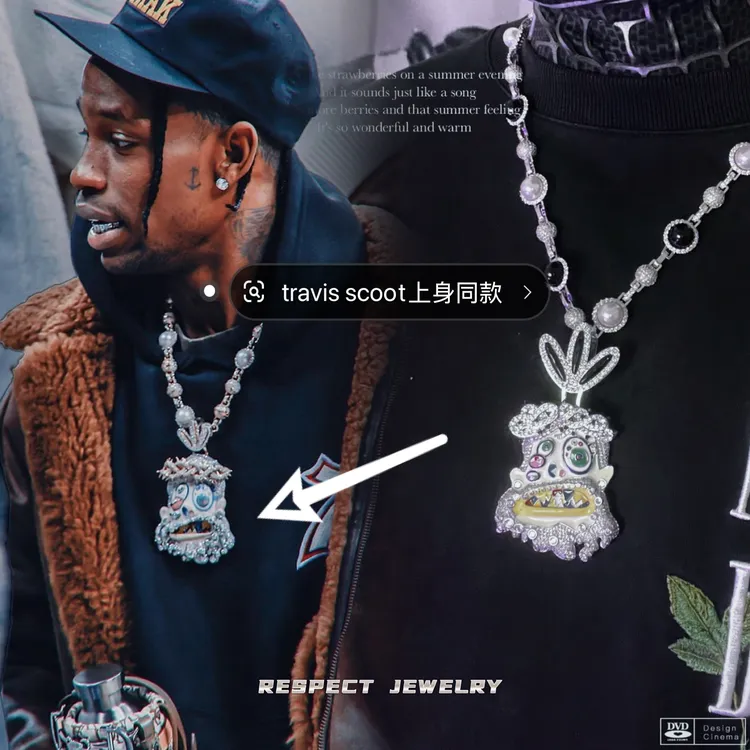 铜合金合成锆石吊坠 RESPECT travis scoot 同款人头满钻嘻哈吊坠