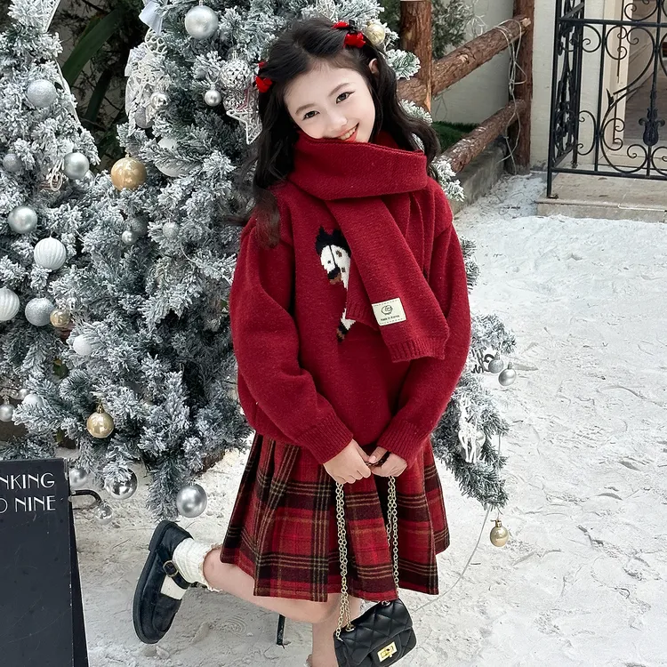 女童红色圣诞新年毛衣套装冬季中大童围巾款卡通毛衣格子裙两件套