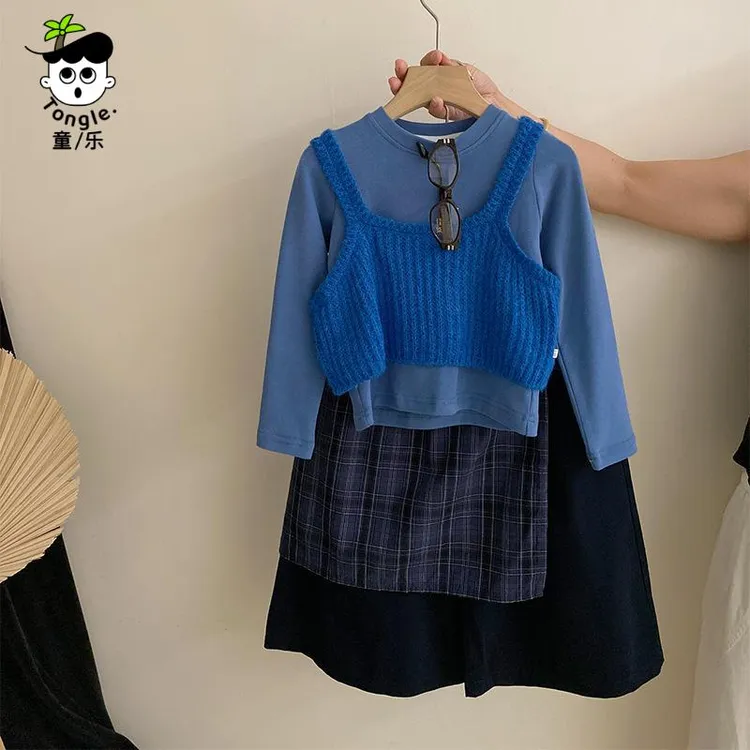 童乐女童针织背心纯色上衣2025秋季新款格子屁帘宽松阔腿裤四件套