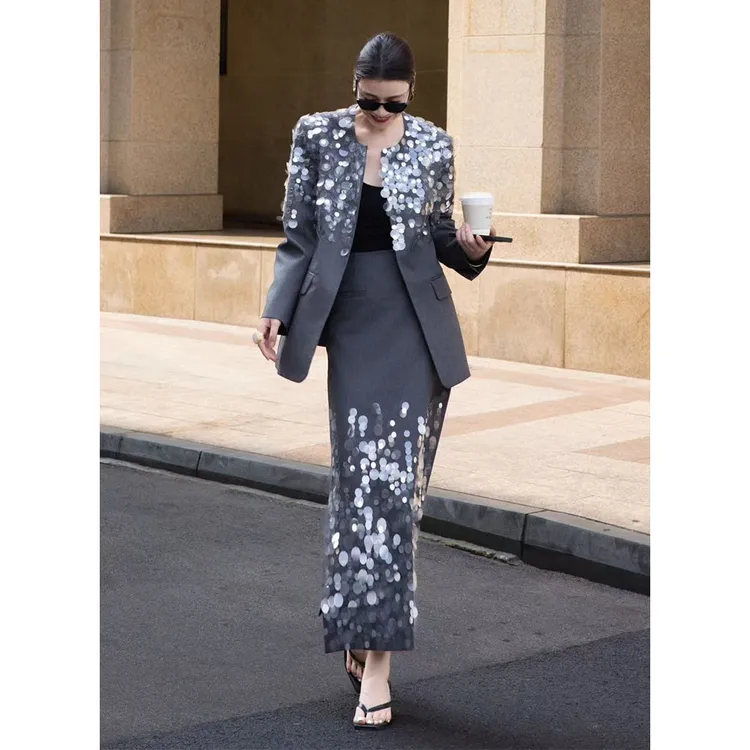 欧美法式高定女装重工订亮片西装半身裙时尚商务女总裁两件套套装