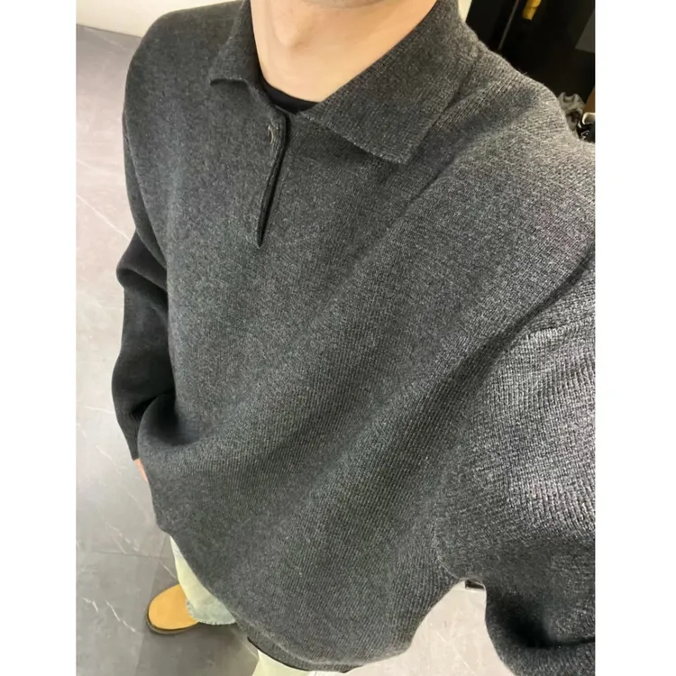 灰色polo领毛衣慵懒高级感冬季重磅翻领针织衫男款长袖时尚休闲
