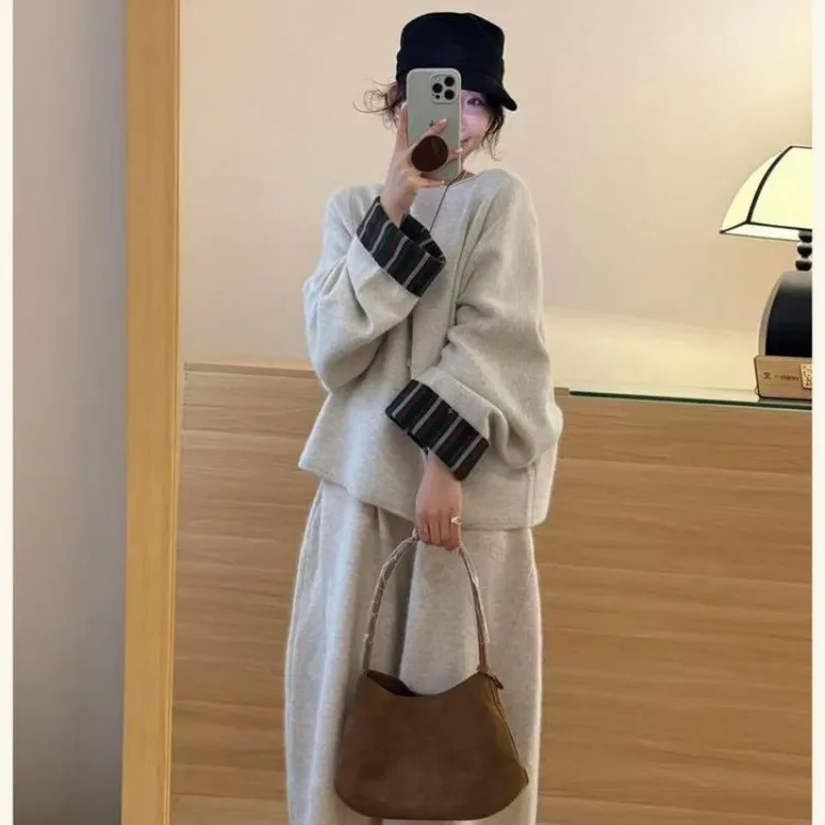 秋季一整套ootd穿搭套装撞色拼接上衣阔腿裤韩系慵懒chic两件套女