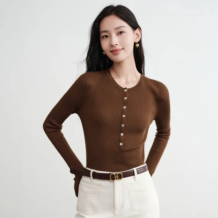 EP雅莹2025新款女装 精纺羊毛亨利衫圆领修身无缝针织羊毛衫9915A
