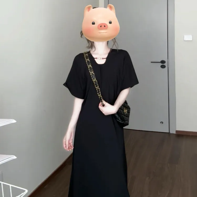 黑色短袖连衣裙子女夏季新款夏日绝美法式气质高级感宽松长裙3920