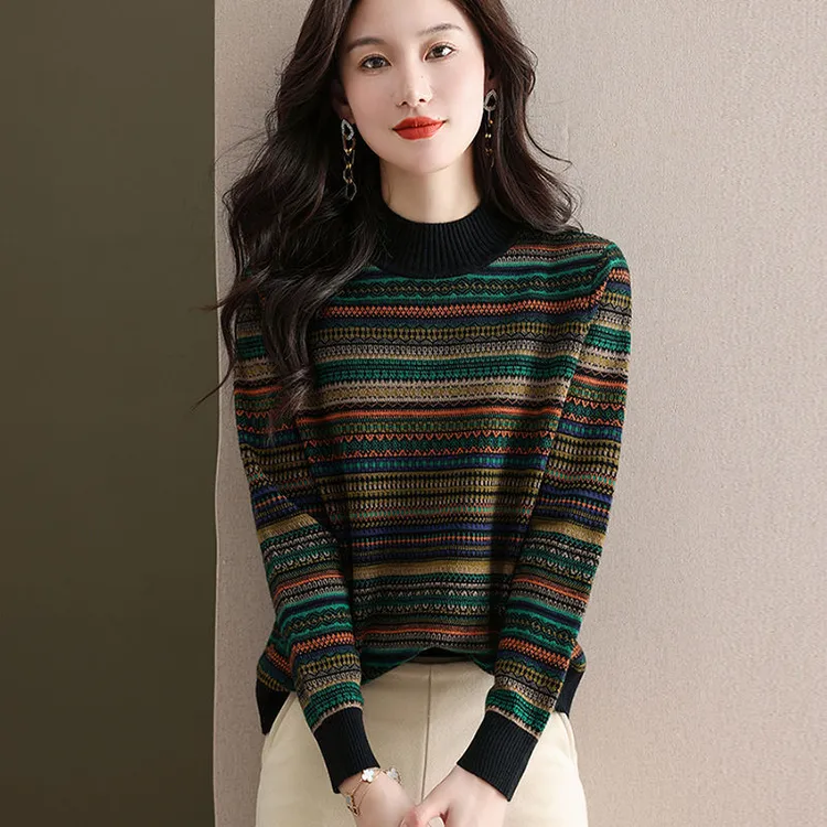 复古民族风100%羊毛衫女秋冬内搭保暖宽松毛衣彩色条纹针织打底衫