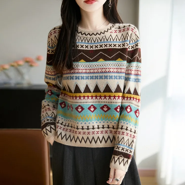 哥弟阿玛施官方新款费尔岛风圆领针织衫2025秋冬洋气百搭长袖上衣