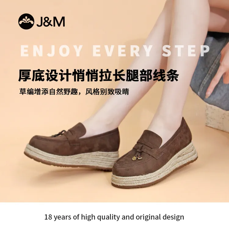 J&M/快乐玛丽女鞋通勤一脚蹬乐福鞋厚底坡跟包头凉鞋休闲风22535W
