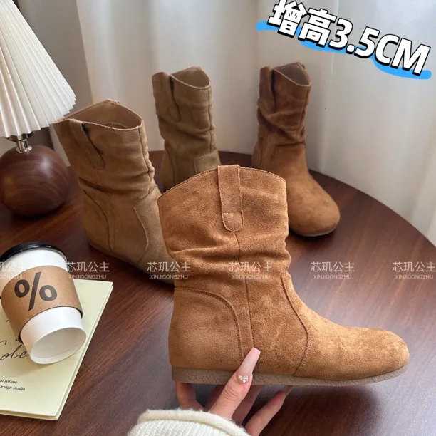 慵懒风短靴女2025新款秋款复古内增高平底休闲时尚堆堆靴马丁靴