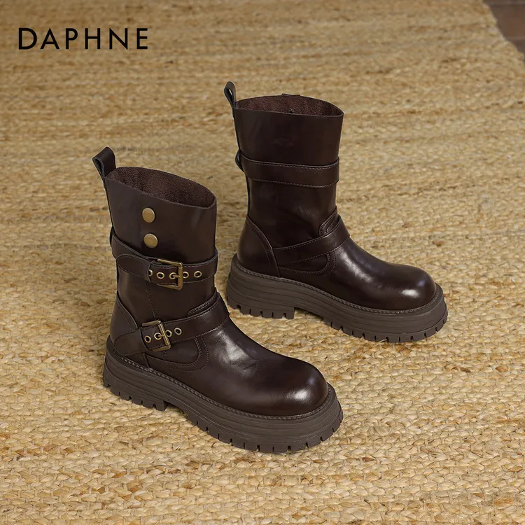 达芙妮美拉德靴子女秋季短靴2026新款马丁靴棕色中筒西部牛仔靴TJ