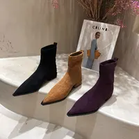 韩版时装绒尖头弹力瘦瘦靴绒面磨砂粗跟短靴女鞋新款秋冬加绒大码