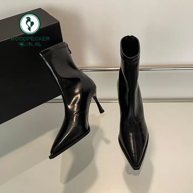 啄木鸟高跟短靴2025秋冬新款欧美百搭尖头裸靴复古黑色细跟瘦瘦靴