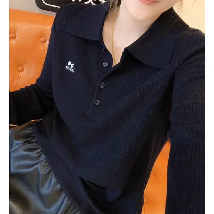 大码刺绣正肩长袖针织衫女2025年秋季新款小个子穿搭显瘦打底衫