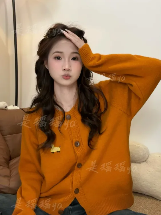 韩系显白小狗刺绣针织开衫女2025秋冬新款宽松百搭显瘦毛衣外套潮