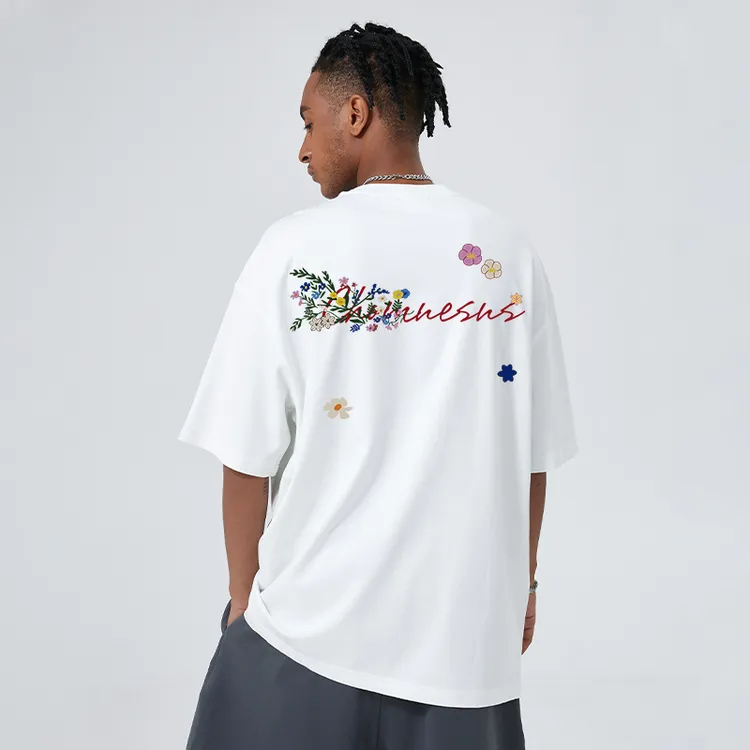 CHOMNES男士美式夏季宽松落肩半袖圆领简约国潮T恤百搭刺绣短袖