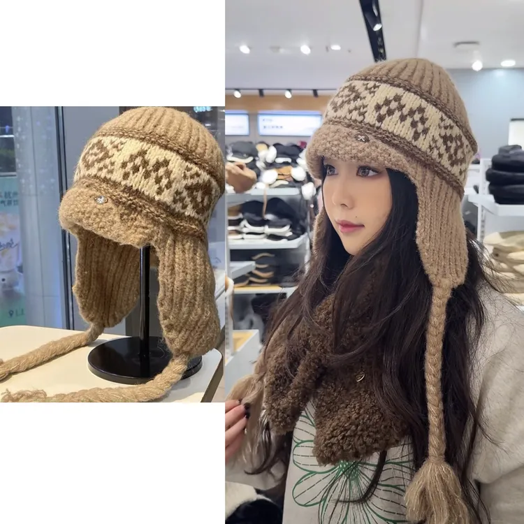 费尔岛风针织护耳帽子女冬季加厚保暖防寒显脸小毛线雷锋帽