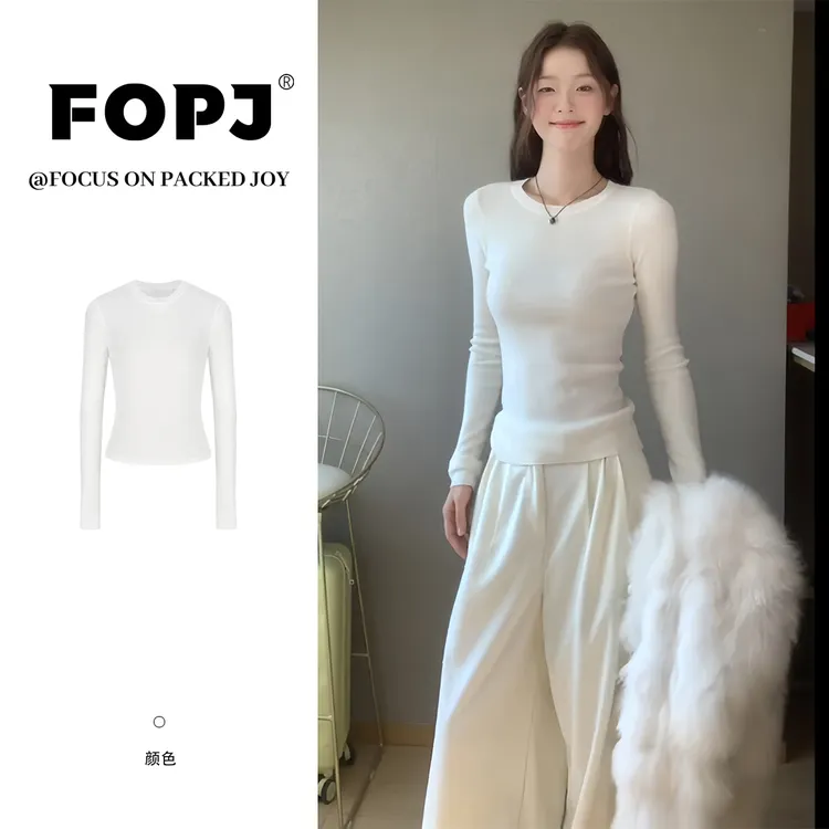 FOPJ春秋新款美式辣妹风圆领长袖t恤女时尚简约修身显瘦打底上衣