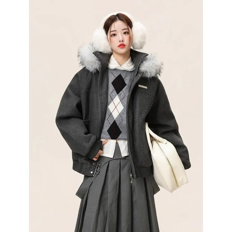 冬季美式复古麻灰色座山雕毛领外套男女款加厚棉服重磅连帽衣棉衣